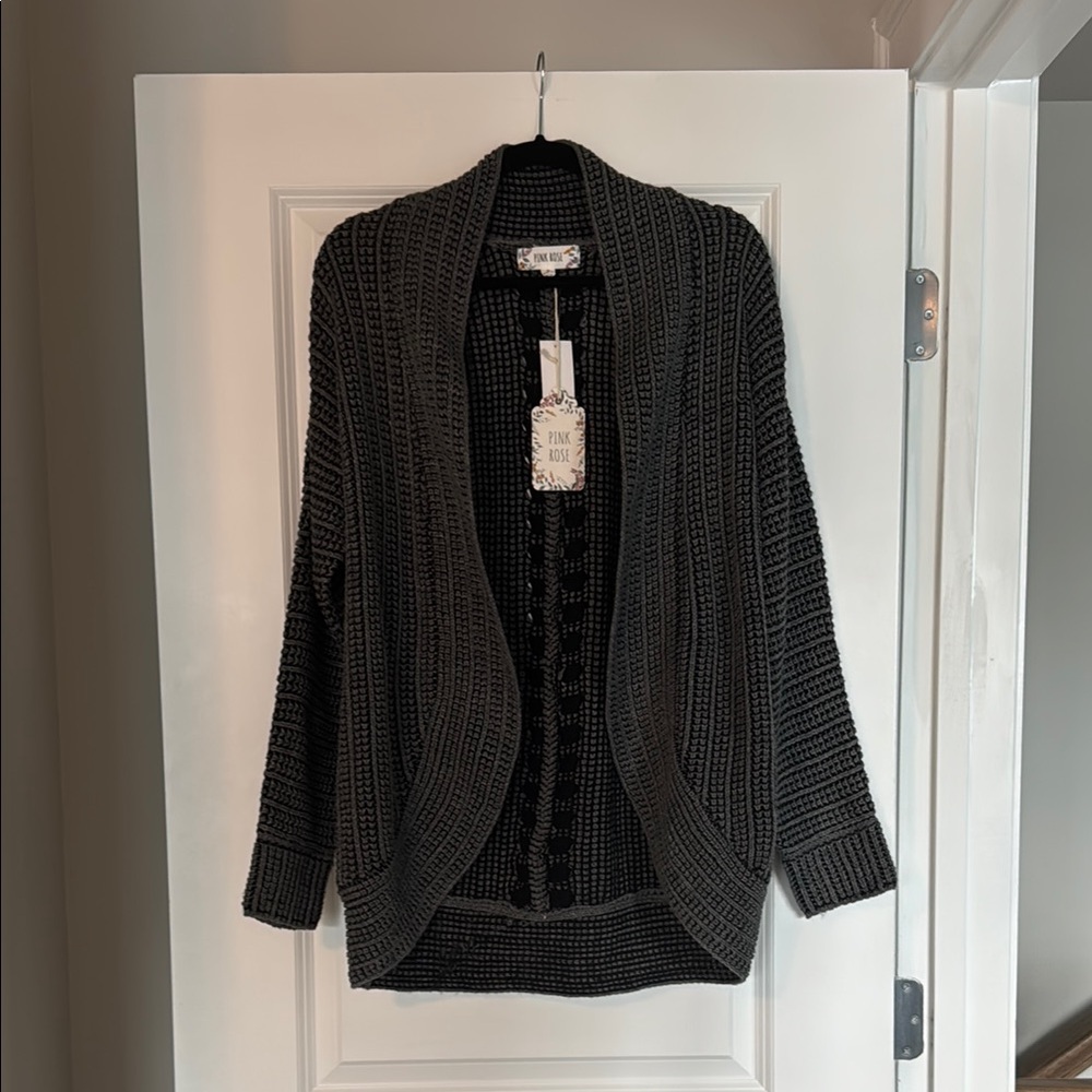 Pink Rose Black Cardigan Sweater with Draped Front
